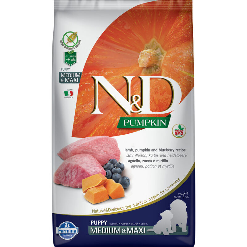 Farmina N&D Pumpkin Dry Dog Food, Lamb & Blueberry, Puppy, Medium & Maxi, 26.5-lb image number null