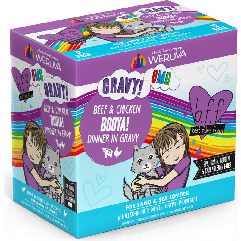 B.F.F. Best Feline Friend OMG Gravy! Wet Cat Food, Booya!, Beef & Chicken, 2.8-oz image number null