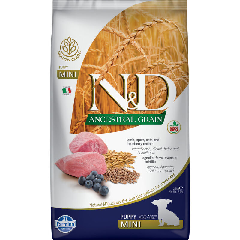 Farmina N&D Ancestral Grain Dry Dog Food, Lamb & Blueberry, Puppy, Mini, 5.5-lb image number null