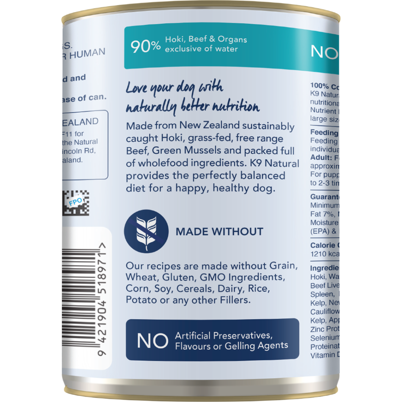 K9 Natural Canned Dog Food, Hoki & Beef, 13-oz image number null