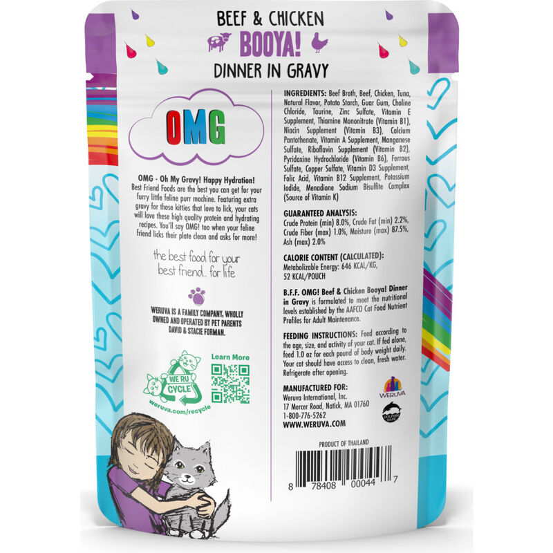 B.F.F. Best Feline Friend OMG Gravy! Wet Cat Food, Booya!, Beef & Chicken, 2.8-oz image number null